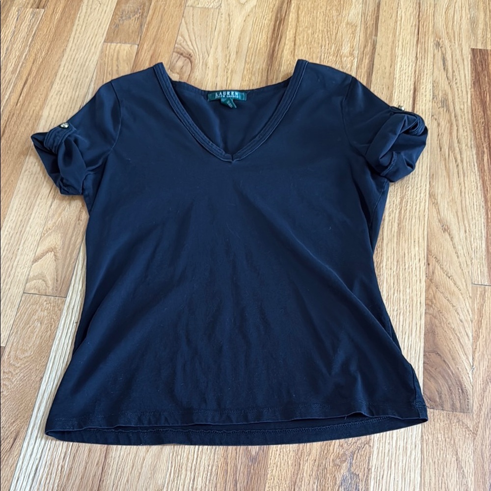 Ralph Lauren Black V-Neck Rolled Sleeve Women's Top, Size Medium